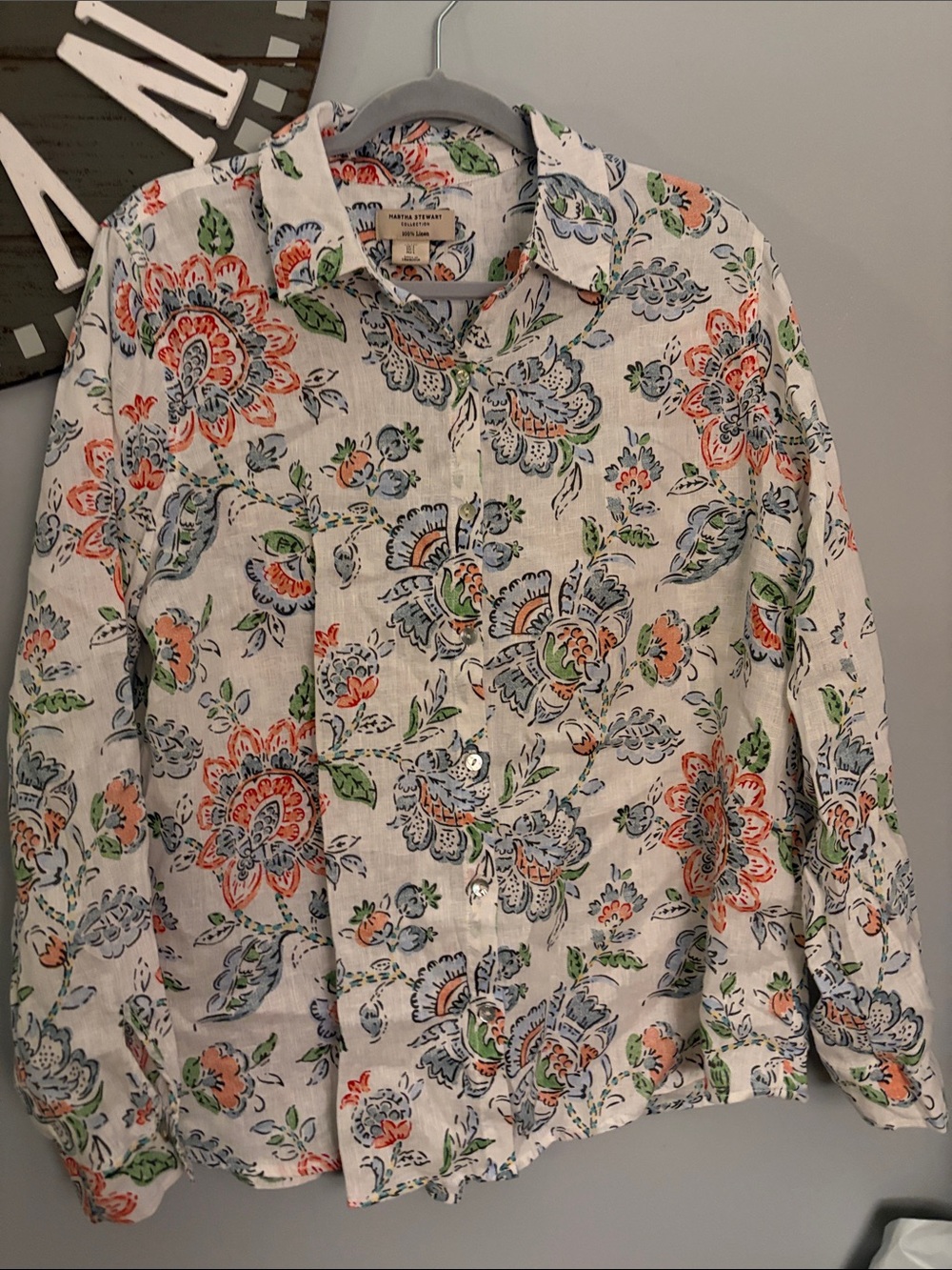 Martha Stewart Linen Shirt — Cream with Blue, Green & Coral Floral Print